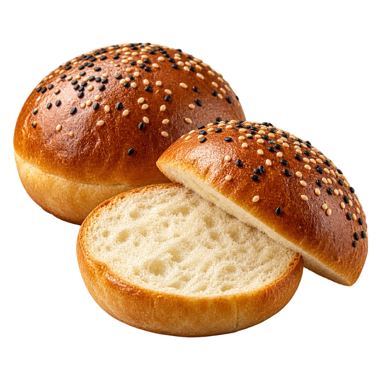 Frisch gebackene goldene Sesam-Buns, eines aufgeschnitten mit sichtbarer weicher Krume