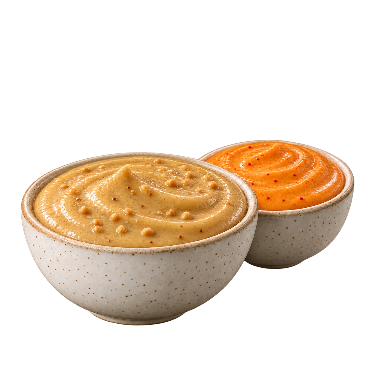Hausgemachte Erdnusssauce und würzige orange Sauce in hellen Keramikschalen