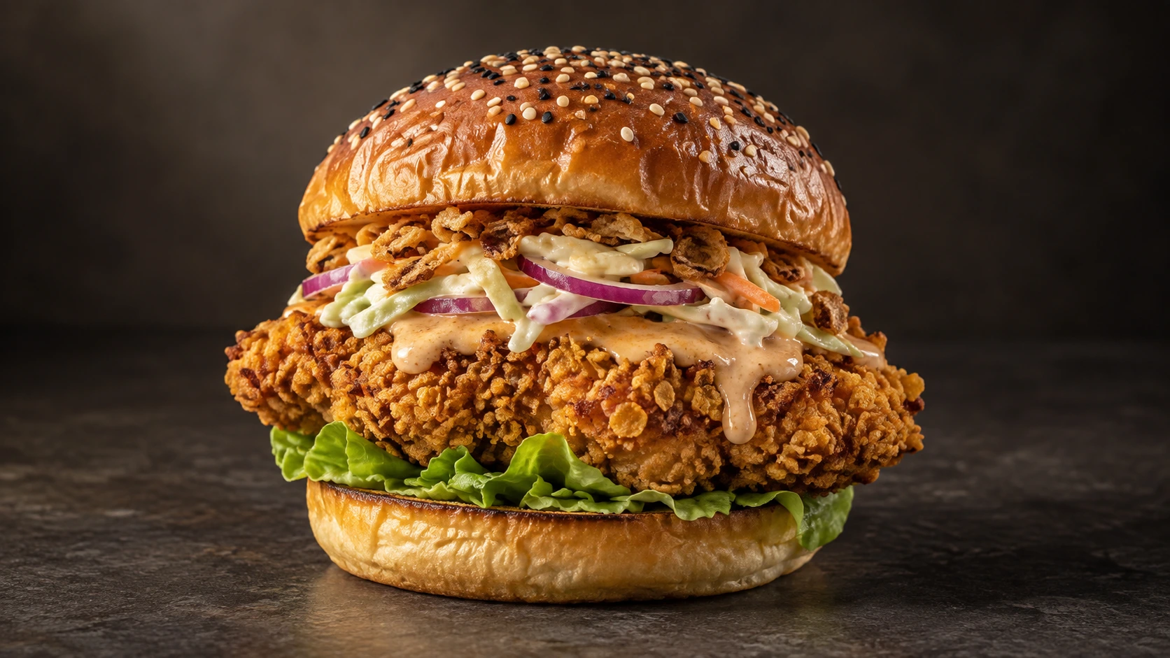 Peanut Crunch: Cornflakes-Chicken mit Erdnusssauce, Coleslaw, roten Zwiebeln, Röstzwiebeln und Salat im Sesam-Brioche
