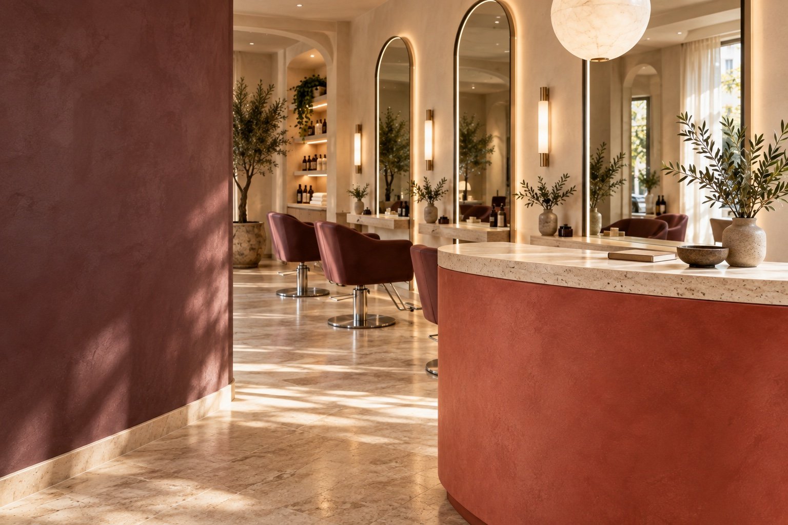 Visualisierter Velia-Empfang mit korallfarbener Theke, warmem Stein und Blick in den Salon