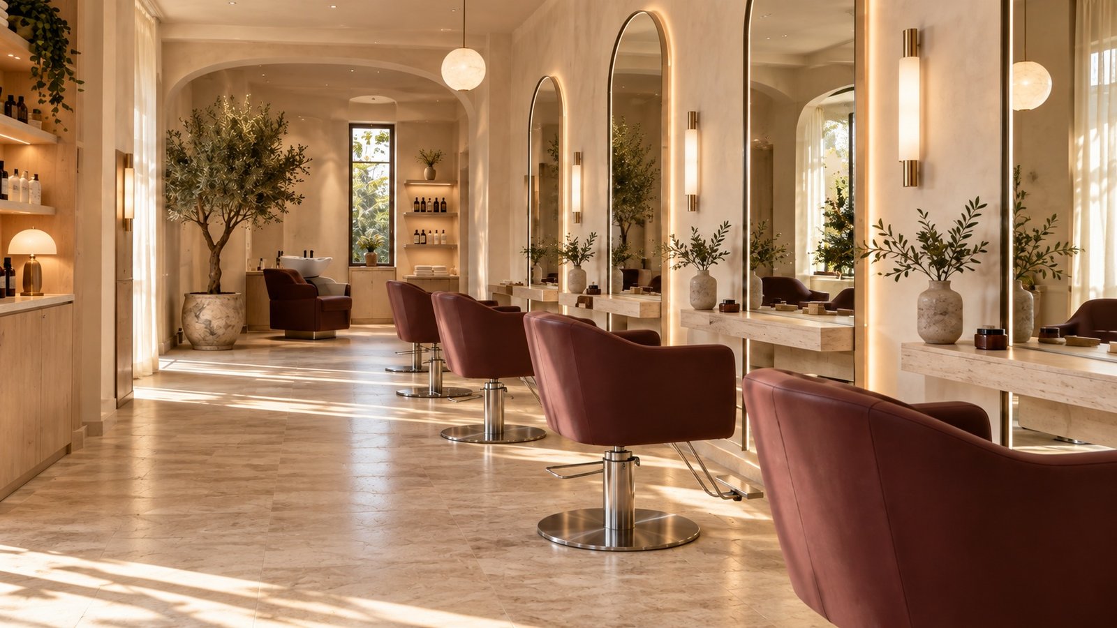 Blick entlang der Stylingplätze des Salonkonzepts