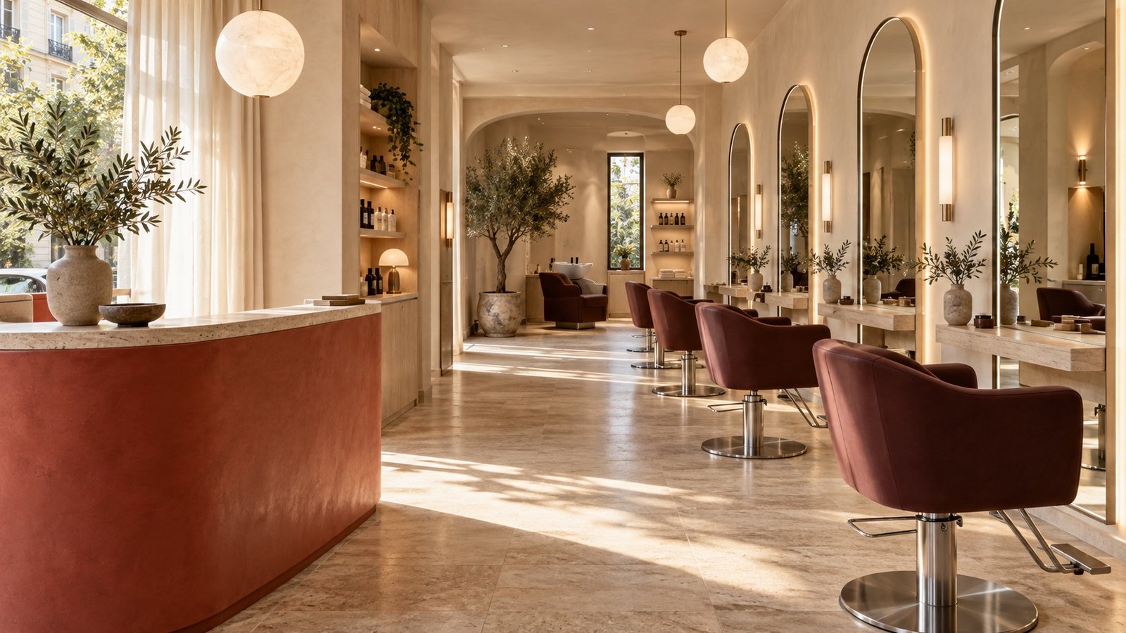 Raumkonzept des Salons mit warmem Licht und bogenförmigen Spiegeln