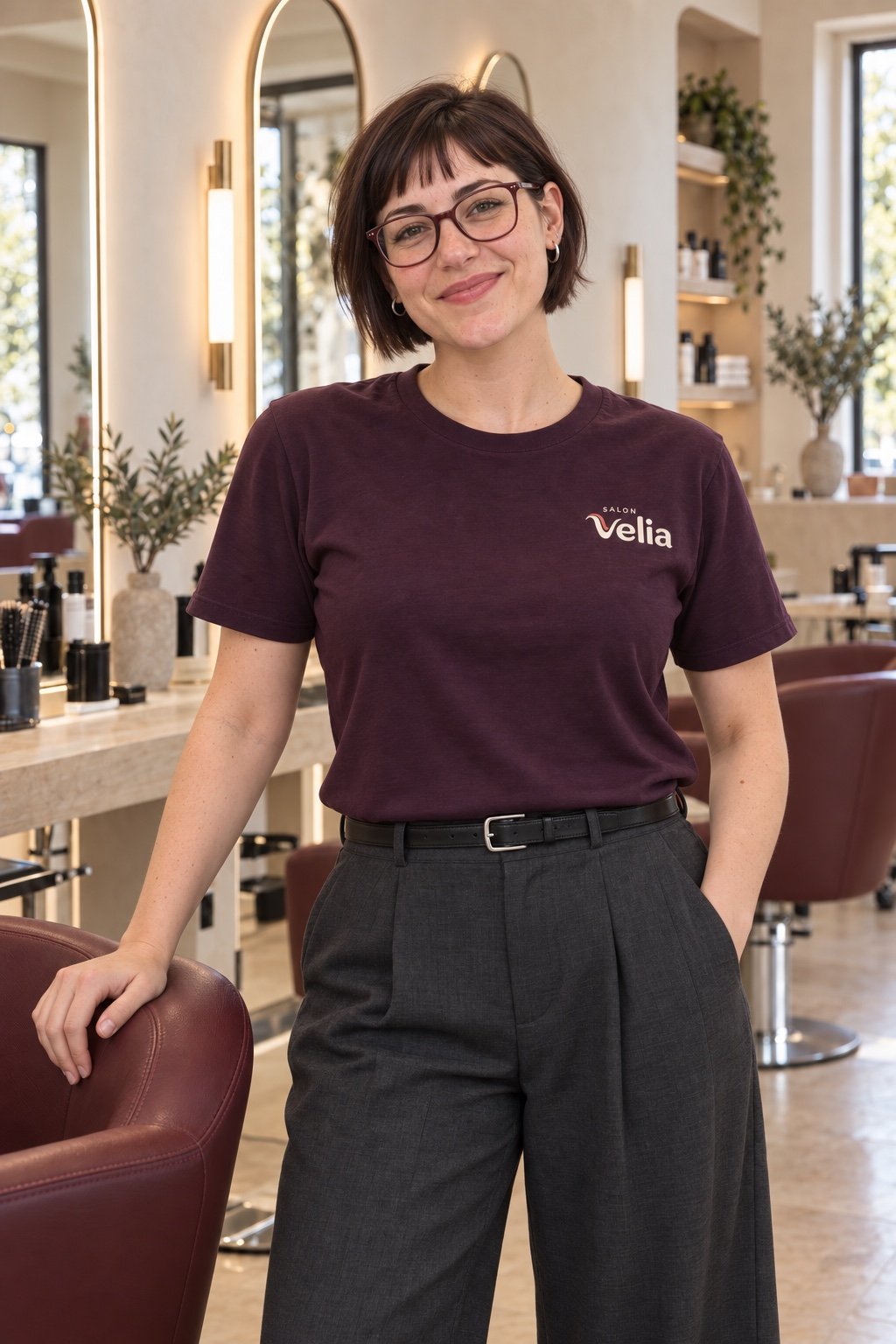 Mila im Salon mit auberginefarbenem Velia-Shirt – generiertes Beispielprofil