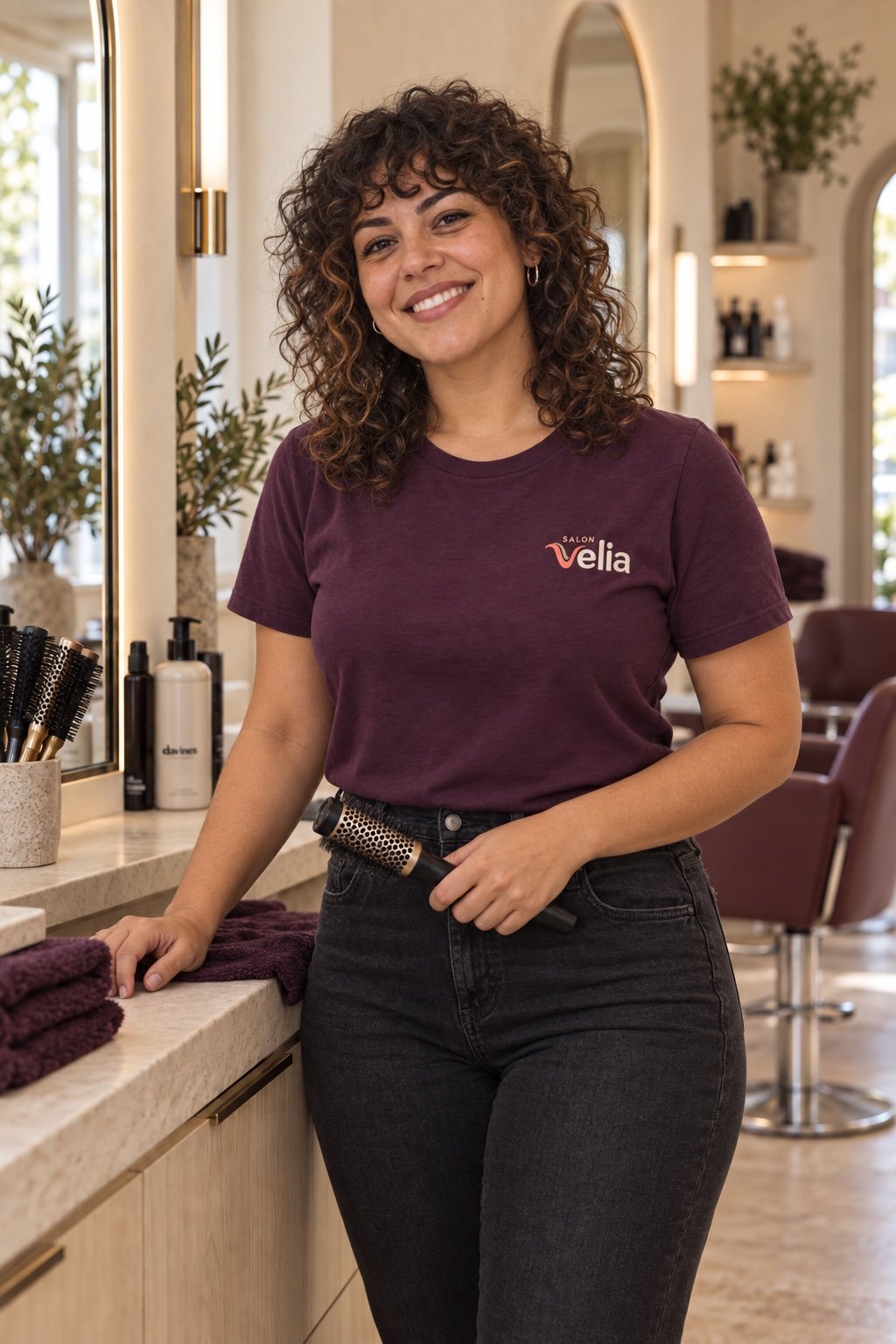 Sara im Salon mit auberginefarbenem Velia-Shirt – generiertes Beispielprofil