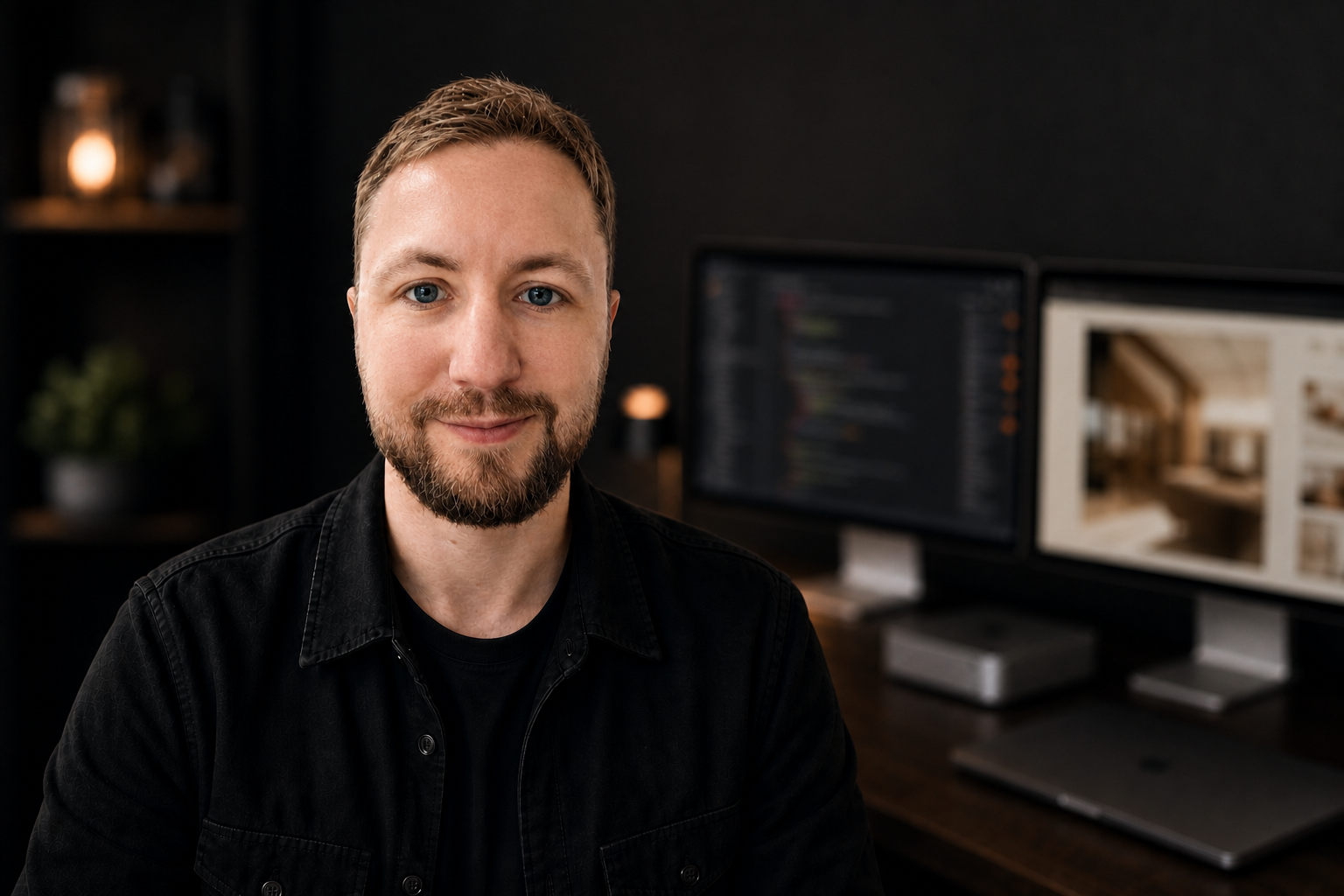Webentwickler Billy Klein an seinem Arbeitsplatz vor zwei Apple Studio Displays