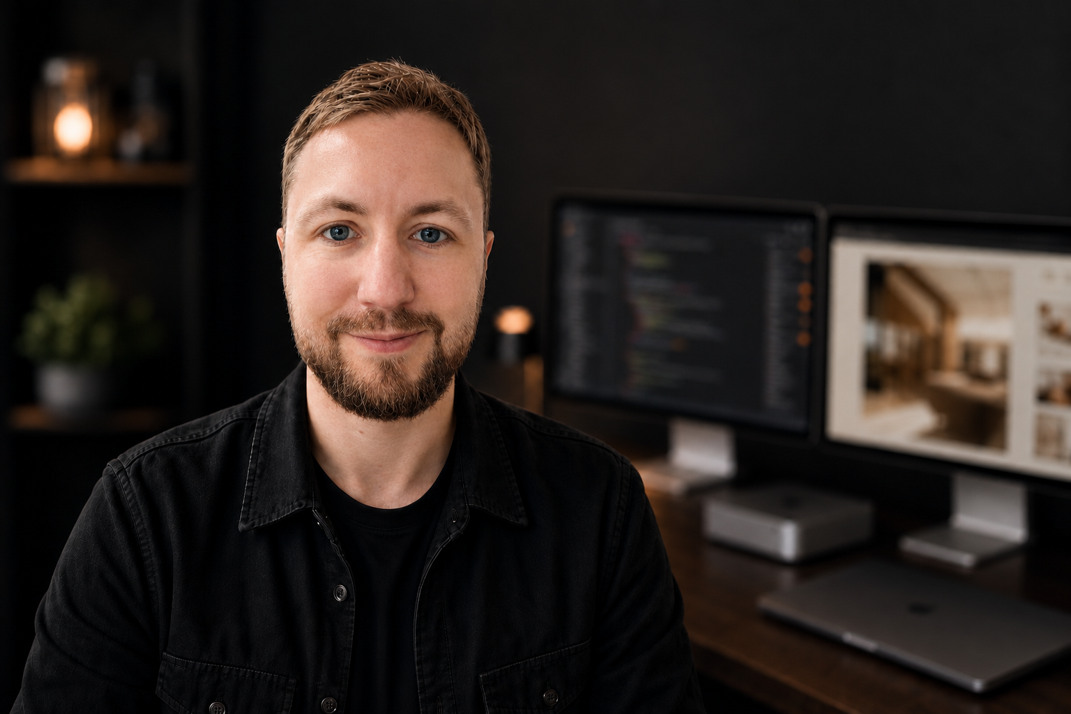 Webentwickler Billy Klein an seinem Arbeitsplatz vor zwei Apple Studio Displays