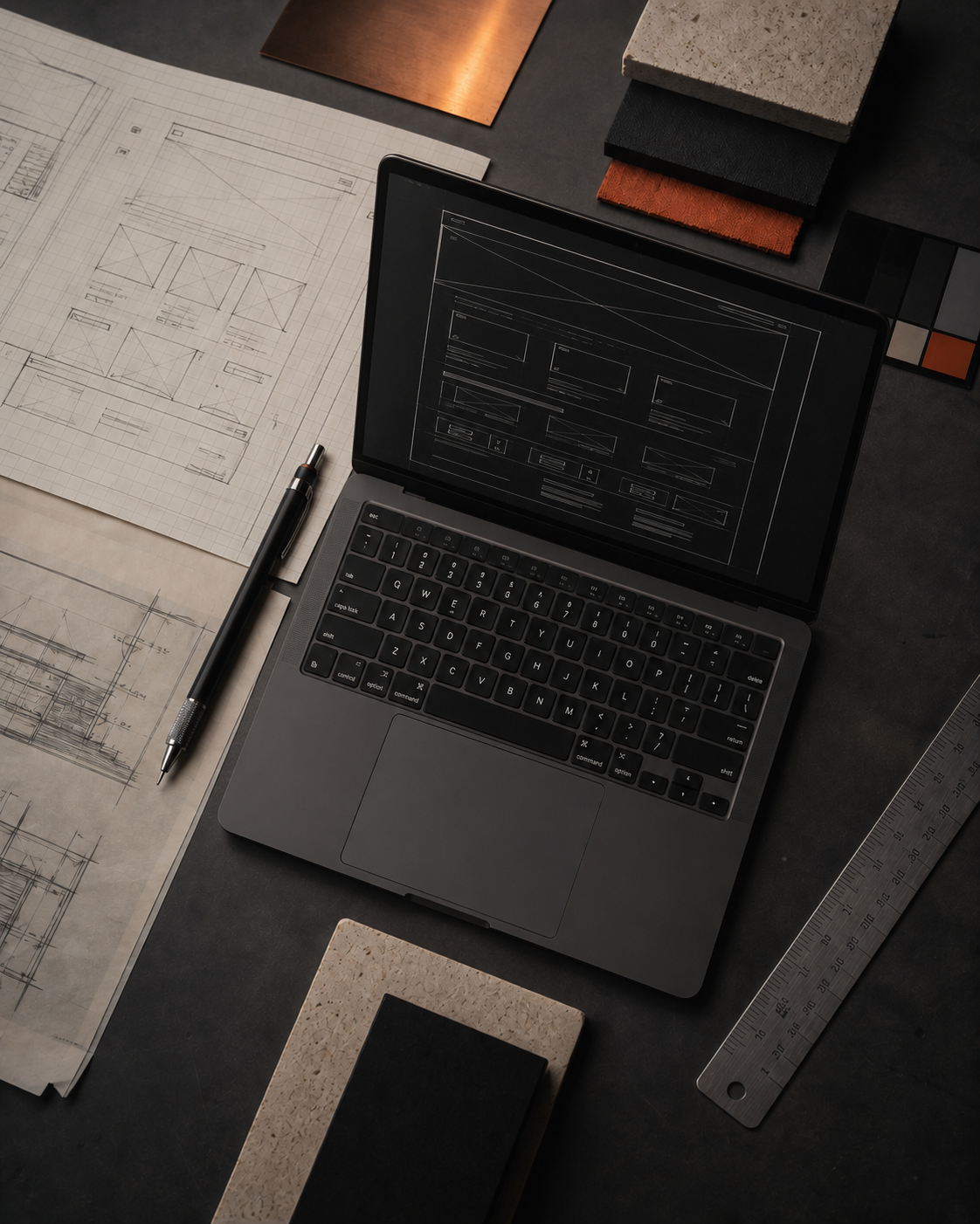 Technischer Planungsprozess mit MacBook Pro, Wireframes und Materialsystem
