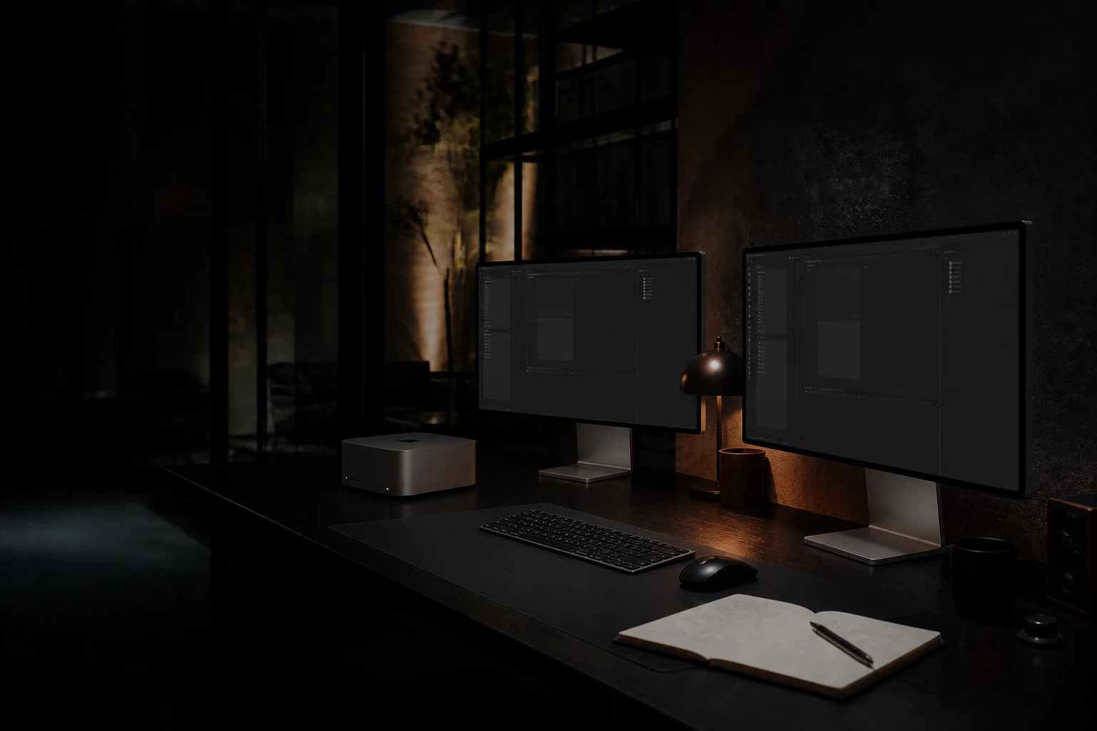 Entwicklungsarbeitsplatz mit Code auf zwei Studio Displays