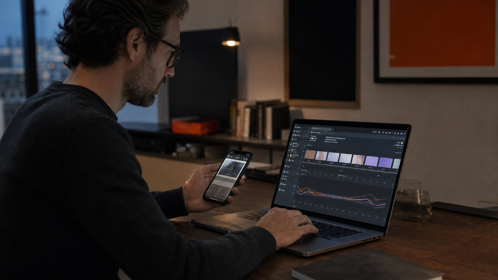 Entwickler testet Website Bewegung auf Smartphone und Laptop